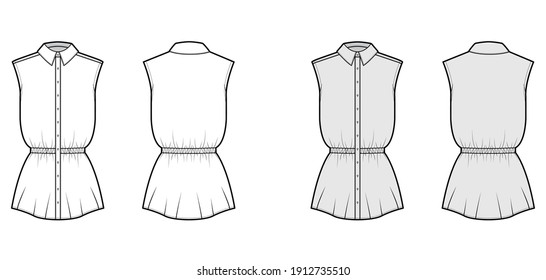 Shirt drawstring gathered waist technical fashion illustration with sleeveless, tunic length, classic collar. Flat apparel top template front, back, white, grey color. Women men unisex CAD mockup