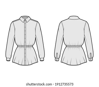 Cuerdas de remolque recogidas de cintura, ilustración técnica de moda con mangas largas, longitud túnica, collar clásico. Plantilla de ropa de vestir plana superior delantera, trasera, color gris. Hombres mujeres unisex maquillaje CAD