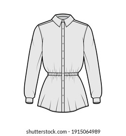 Shirt drawstring gathered waist technical fashion illustration with long sleeves, tunic length, classic collar. Flat apparel top outwear template front, grey color. Women men unisex CAD mockup
