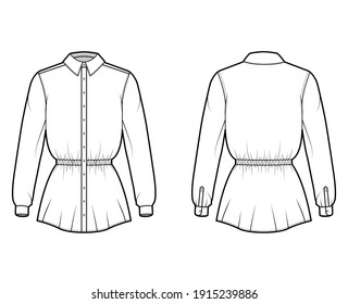 Shirt drawstring gathered waist technical fashion illustration with long sleeves, tunic length, classic collar. Flat apparel top outwear template front, back, white color. Women men unisex CAD mockup