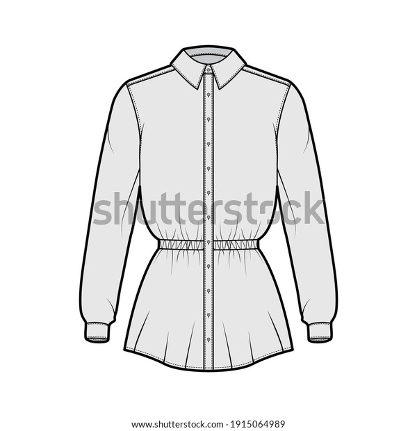 Shirt drawstring gathered waist technical fashion\
illustration with long sleeves, tunic length, classic collar. Flat\
apparel top outwear template front, grey color. Women men unisex\
CAD mockup