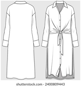 SHIRT DRESS WITH DROP SHOULDER AND FRONT TIE UP DETAIL DESIGNED FOR WOMEN AND TEEN GIRLS IN  VECTOR ILLUSTRATION FILE