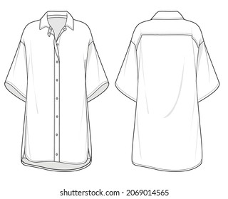 Shirt Dress, Drop Shoulder Shirt Dress, Drop Shoulder Kurta, Flared Sleeve, Front and Back View. fashion illustration vector, CAD, technical drawing, flat drawing.
