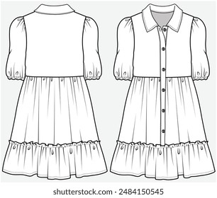 SHIRT DRESS WITH ELBOW SLEEVES AND FRONT BUTTONED DETAIL TIERED SHIRT DRESS DESIGNED FOR TEEN GIRLS AND KID GIRLS IN VECTOR FILE