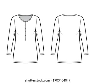 Shirt dress mini technical fashion illustration with henley neck, long sleeves, oversized, Pencil fullness, stretch jersey. Flat apparel template front, back, white color. Women, men unisex CAD mockup