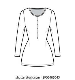 Shirt dress mini technical fashion illustration with henley neck, long sleeves, fitted body, Pencil fullness, stretch jersey. Flat apparel template front, white color. Women, men, unisex CAD mockup