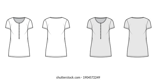 Shirt dress mini technical fashion illustration with henley neck, short sleeves, oversized, Pencil fullness, stretch jersey. Flat apparel template front, back, white, grey color. Women, men CAD mockup