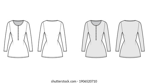 Shirt dress mini technical fashion illustration with henley neck, long sleeves, fitted body, stretch jersey. Flat apparel template front, back, white, grey color. Women, men, unisex CAD mockup