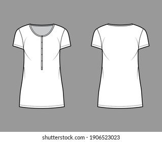 Shirt dress mini technical fashion illustration with henley neck, short sleeves, oversized, Pencil fullness, stretch jersey. Flat apparel template front, back, white color. Women men unisex CAD mockup