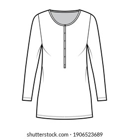 Shirt dress mini technical fashion illustration with henley neck, long sleeves, oversized, Pencil fullness, stretch jersey. Flat apparel template front, white color. Women, men, unisex CAD mockup