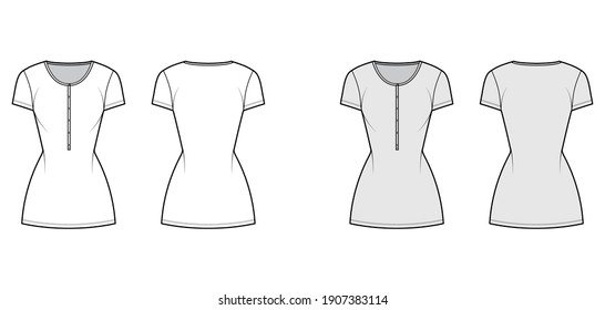 Shirt dress mini technical fashion illustration with henley neck, short sleeves, fitted body, Pencil fullness, stretch jersey. Flat template front, back, white, grey color. Women men unisex CAD mockup