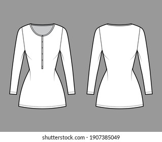 Shirt dress mini technical fashion illustration with henley neck, long sleeves, fitted body, Pencil fullness, stretch jersey. Flat apparel template front, back, white color. Women, men, CAD mockup