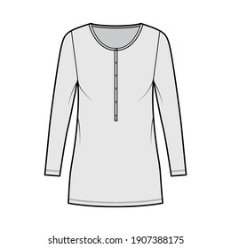 Shirt dress mini technical fashion illustration with henley neck, long sleeves, oversized, Pencil fullness, stretch jersey. Flat apparel template front, grey color. Women, men, unisex CAD mockup