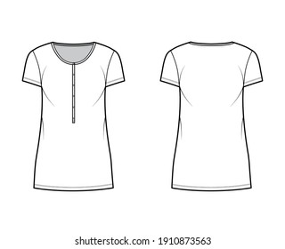 Shirt dress mini technical fashion illustration with henley neck, short sleeves, oversized, Pencil fullness, stretch jersey. Flat apparel template front, back, white color. Women men unisex CAD mockup