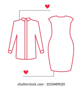 Shirt and dress outline illustration with pointers and likes. Vector isolated fashion infographic template of shopping.