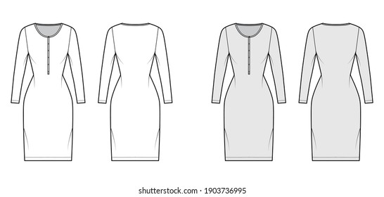 Shirt dress technical fashion illustration with henley neck, long sleeves, knee length, fitted body, Pencil fullness. Flat apparel template front, back, white, grey color. Women, men unisex CAD mockup