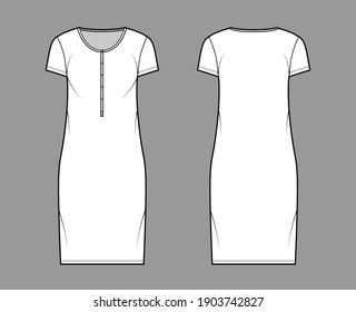 Shirt dress technical fashion illustration with henley neck, short sleeves, knee length, oversized, Pencil fullness. Flat apparel template front, back, white color. Women, men, unisex CAD mockup