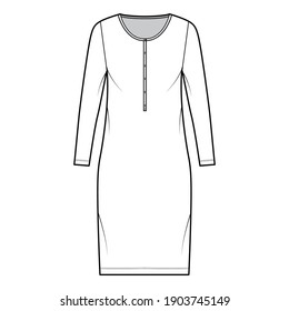 Shirt dress technical fashion illustration with henley neck, long sleeves, knee length, oversized, Pencil fullness. Flat apparel template front, white color. Women, men, unisex CAD mockup