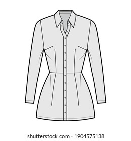 Shirt dress technical fashion illustration with classic regular collar, mini length, fitted body, Pencil fullness, button up. Flat apparel template front, grey color. Women, men, unisex CAD mockup