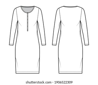 Shirt Dress Technical Fashion Illustration With Henley Neck, Long Sleeves, Knee Length, Oversized, Pencil Fullness. Flat Apparel Template Front, Back, White Color. Women, Men, Unisex CAD Mockup