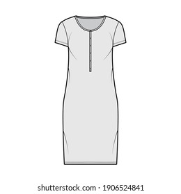 Shirt dress technical fashion illustration with henley neck, short sleeves, knee length, oversized, Pencil fullness. Flat apparel template front, grey color. Women, men, unisex CAD mockup