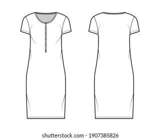 Shirt dress technical fashion illustration with henley neck, short sleeves, knee length, oversized, Pencil fullness. Flat apparel template front, back, white color. Women, men, unisex CAD mockup