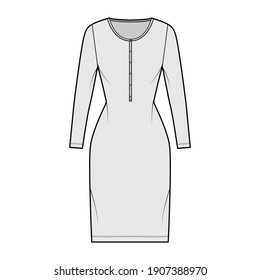 Shirt dress technical fashion illustration with henley neck, long sleeves, knee length, fitted body, Pencil fullness. Flat apparel template front, grey color. Women, men, unisex CAD mockup