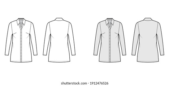 Shirt dress technical fashion illustration with classic regular collar, mini length, oversized body, button up. Flat apparel template front, back, white, grey color. Women, men, unisex CAD mockup