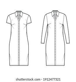 Shirt dress technical fashion illustration with classic regular collar, knee length, oversized body, Pencil fullness, button up. Flat apparel template front, white color. Women, men CAD mockup