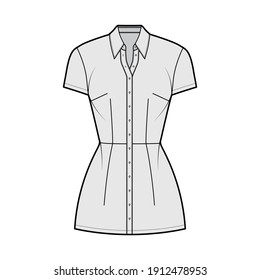 Shirt dress technical fashion illustration with classic regular collar, mini length, fitted body, Pencil fullness, button up. Flat apparel template front, grey color. Women, men, unisex CAD mockup