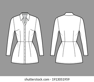 Shirt dress technical fashion illustration with classic regular collar, mini length, fitted body, Pencil fullness, button up. Flat apparel template front, back, white color. Women, unisex CAD mockup