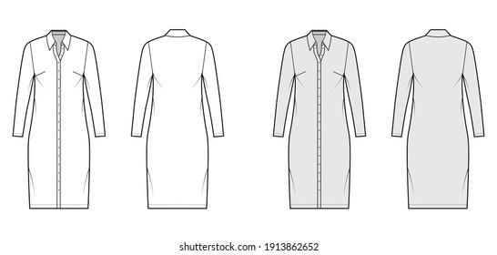 Shirt dress technical fashion illustration with classic regular collar, knee length, oversized body, button up. Flat apparel template front, back, white, grey color. Women, men, unisex CAD mockup