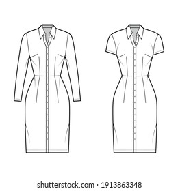 Shirt dress technical fashion illustration with classic collar, knee length, fitted body, Pencil fullness, button up. Flat apparel template front, white color. Women, men, unisex CAD mockup