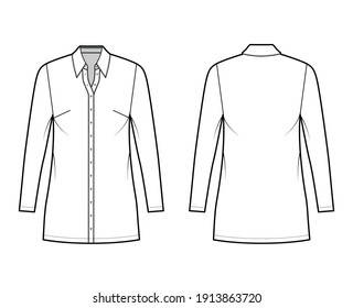 Shirt dress technical fashion illustration with classic regular collar, mini length, oversized body, Pencil fullness, button up. Flat apparel template front, back, white color. Women, men CAD mockup