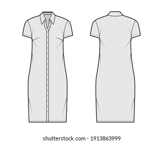 Shirt dress technical fashion illustration with classic regular collar, knee length, oversized, short sleeves, button up. Flat apparel template front, back, white color. Women, men, unisex CAD mockup