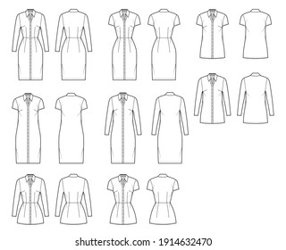 Shirt dress technical fashion illustration with classic regular collar, knee, mini length, oversized, fitted body, button up. Flat apparel template front, back, white color. Women, men CAD mockup