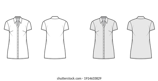 Shirt Dress Technical Fashion Illustration With Classic Regular Collar, Mini Length, Oversized Body, Button Up. Flat Apparel Template Front, Back, White, Grey Color. Women, Men, Unisex CAD Mockup