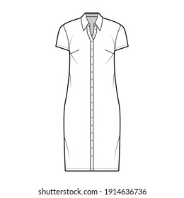 Shirt dress technical fashion illustration with classic regular collar, knee length, oversized body, short sleeves, button up. Flat apparel template front, white color. Women, men, unisex CAD mockup