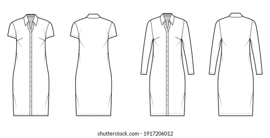 Shirt Dress Technical Fashion Illustration With Classic Regular Collar, Knee Length, Oversized Body, Pencil Fullness, Button Up. Flat Apparel Template Front, Back, White Color. Women, Men CAD Mockup