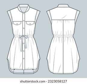 Ilustración de moda técnica de vestir con camiseta. Dibujo de la moda de la ropa plana de dibujo técnico, cuello de cinta, sin mangas, botón abajo, frente, retrovista, blanco, mujeres, hombres, maquillaje CAD unisex. 
