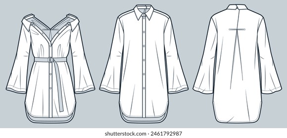 Shirt Dress technical fashion Illustration. Tunic Dress fashion technical drawing template, bell sleeve, front and back buttons, relaxed fit, front, back view, white, women, men, unisex CAD mockup set