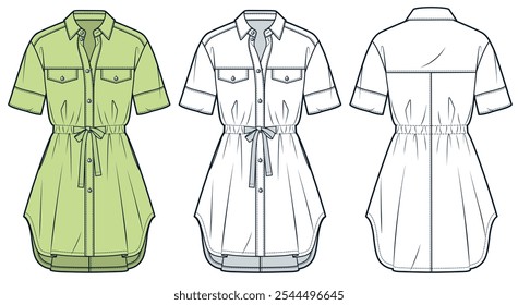 Camisa Vestido moda técnica Ilustração. Mini Vestido moda modelo de desenho técnico plano, manga curta, cordão cintura, botões, frente e vista traseira, branco, amarelo, mulheres CAD mockup set. 
