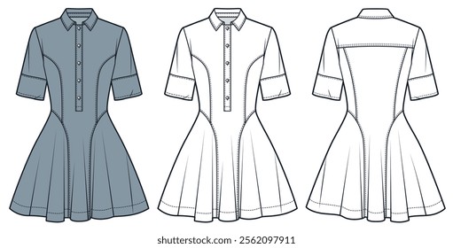 Shirt Dress technical fashion Illustration. Flared mini Dress fashion flat technical drawing template, buttons, short sleeves, front and back view, white, blue, women CAD mockup set.