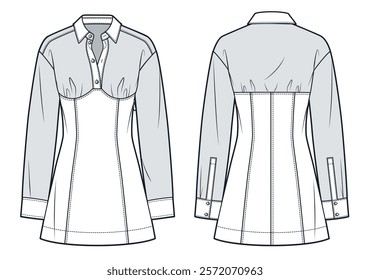 Shirt Dress technical fashion Illustration. Mini Dress fashion flat technical drawing template, side zipper, front and back view, white, grey, slim fit, women Dress CAD mockup.