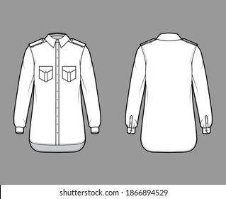 Shirt epaulette technical fashion illustration with flaps angled pockets, long sleeve, relax fit, button-down, regular collar. Flat template front, back white color. Women men unisex top CAD mockup
