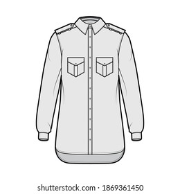 Shirt epaulette technical fashion illustration with flaps angled pockets, long sleeve, relax fit, button-down, regular collar. Flat template front, grey color. Women men unisex top CAD mockup