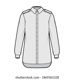 Shirt epaulette technical fashion illustration with long sleeve with cuff, relax fit, button-down opening, regular collar. Flat template front, grey color. Women men unisex top CAD mockup