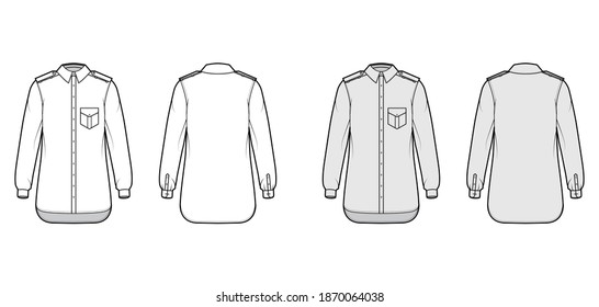 Shirt epaulette technical fashion illustration with flaps angled pocket, long sleeve, relax fit, button-down, regular collar. Flat template front back white grey color. Women men unisex top CAD mockup