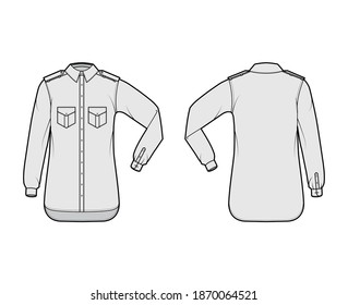 Shirt epaulette technical fashion illustration with flaps angled pockets, elbow fold long sleeve, relax fit, button-down, regular collar. Flat template front, back grey color. Women men unisex top CAD