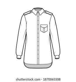 Shirt epaulette technical fashion illustration with flaps angled pocket, long sleeve, relax fit, button-down, regular collar. Flat template front, white color. Women men unisex top CAD mockup